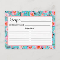 Rustikales rosa Blumenmuster Aqua Wood Rezeptkarte