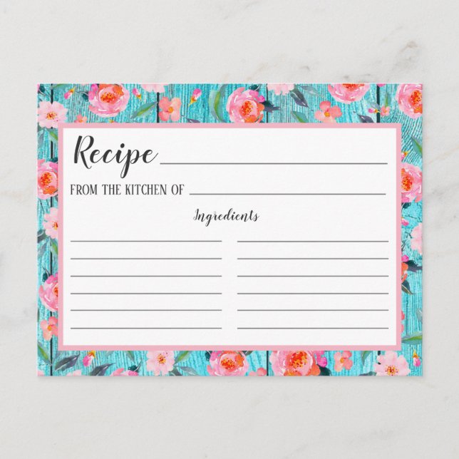 Rustikales rosa Blumenmuster Aqua Wood Rezeptkarte Postkarte (Vorderseite)