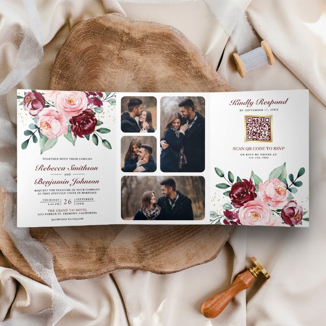 Rustikales Rosa Burgund Floral QR Code Hochzeit Dreifach Gefaltete Einladung (Von Creator hochgeladen)