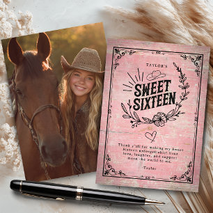 Rustikales rosa Cowgirl 16 . Geburtstag mit Foto Dankeskarte