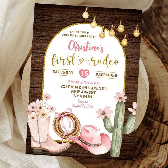 Rustikales rosa Cowgirl First Rodeo Erster Geburts Einladung (Von Creator hochgeladen)