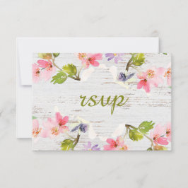 Rustikales Rosa Florals auf weißem Holz RSVP Karte