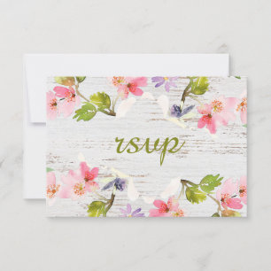 Rustikales Rosa Florals auf weißem Holz RSVP Karte