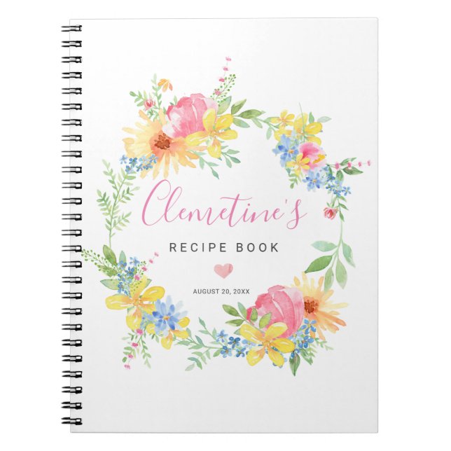 Rustikales rosa gelbes Aquarell Blumenrezept Buch (Vorderseite)