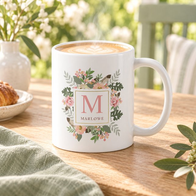 Rustikales rosa goldfarbenes Boho Custom Monogram Kaffeetasse (Von Creator hochgeladen)