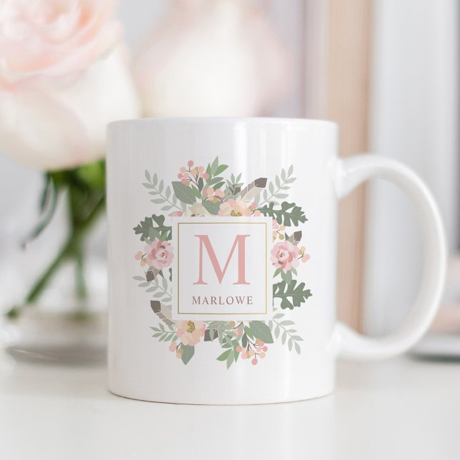 Rustikales rosa goldfarbenes Boho Custom Monogram Kaffeetasse (Von Creator hochgeladen)