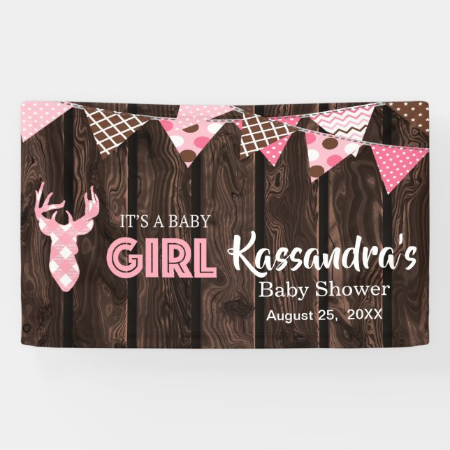 Rustikales rosa Kariertes Hirschduschbanner Banner (Horizontal)