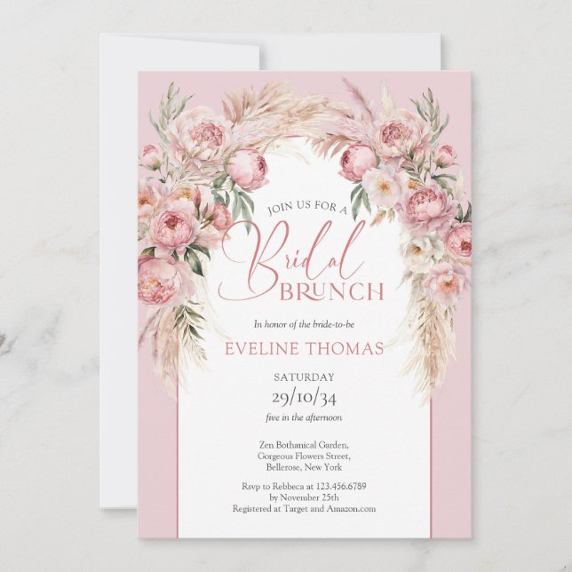 Rustikales Rosa-Pampas-Bridal-Brunch Einladung (Vorderseite)