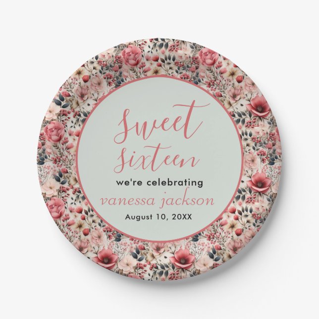 Rustikales Rosa Rose Gold 16 . Geburtstag Pappteller (Vorderseite)