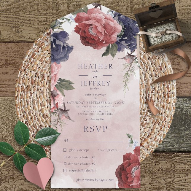 Rustikales Rosa und blaue Peonies Rosa Abendessen All In One Einladung (Also available with a QR code or without dinner selection options.)