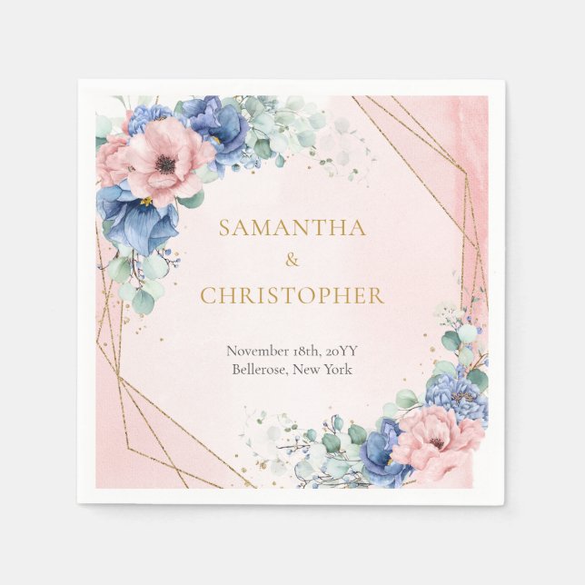 Rustikales Rosa und dusty Blue Floral Goldrahmen Serviette (Vorderseite)