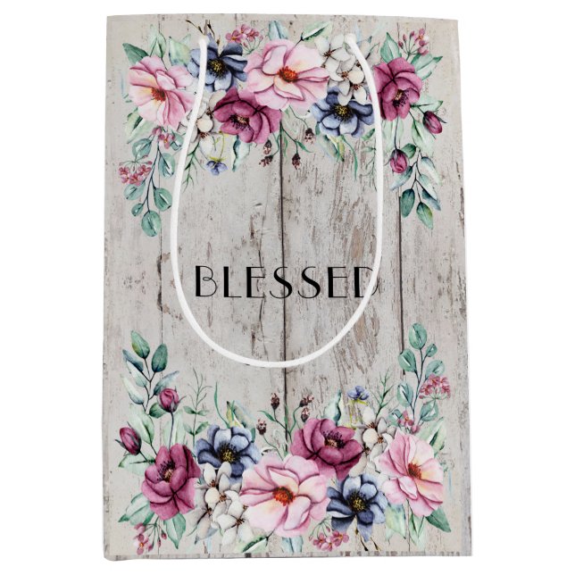 Rustikales Rosa und geblümtes Barnholz, gesegnet Mittlere Geschenktüte (Vorderseite)