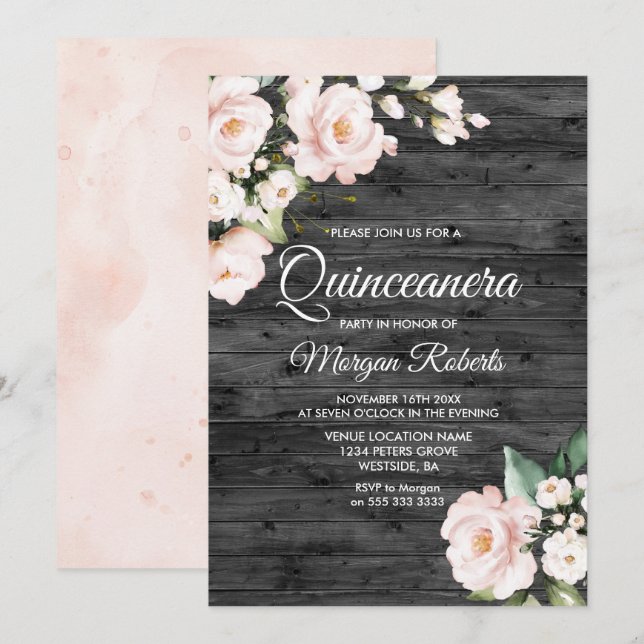 Rustikales Rosa und Weiß Party Quinceanera Einladung (Vorne/Hinten)