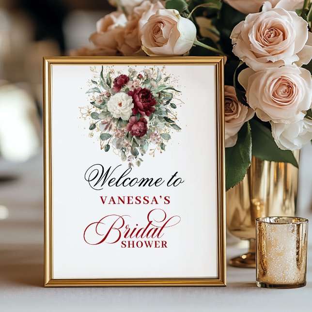 Rustikales Rosé-Burgunder-Hochzeitsdusche-Willkomm Poster (Rustic Blush Burgundy Bridal Shower Welcome Sign)