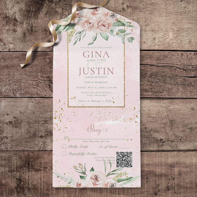 Rustikales Rosenrot Gold Akzente QR Code All In One Einladung (Rustic Blush Pink Roses Gold Accents All In One Wedding Invitation with QR Code)