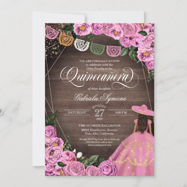 Rustikales Roses Charro Quince Kleid Quinceañera Einladung (Vorderseite)