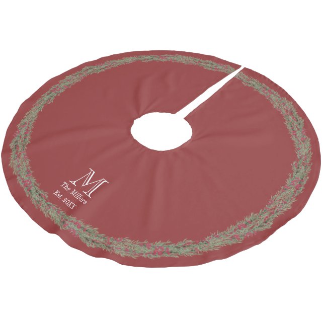 Rustikales Rosmarin und Berries Wasserfarbe Rot Polyester Weihnachtsbaumdecke (Schrägansicht)