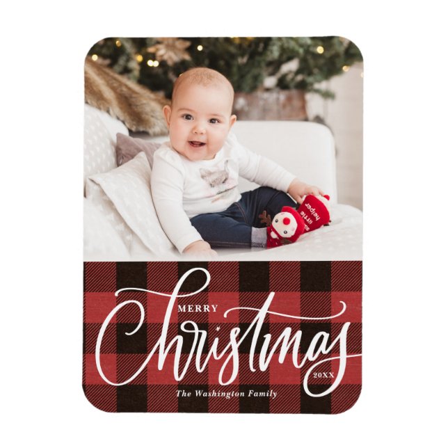 Rustikales Rot Kariert Frohe Weihnachten Foto Magnet (Vertikal)