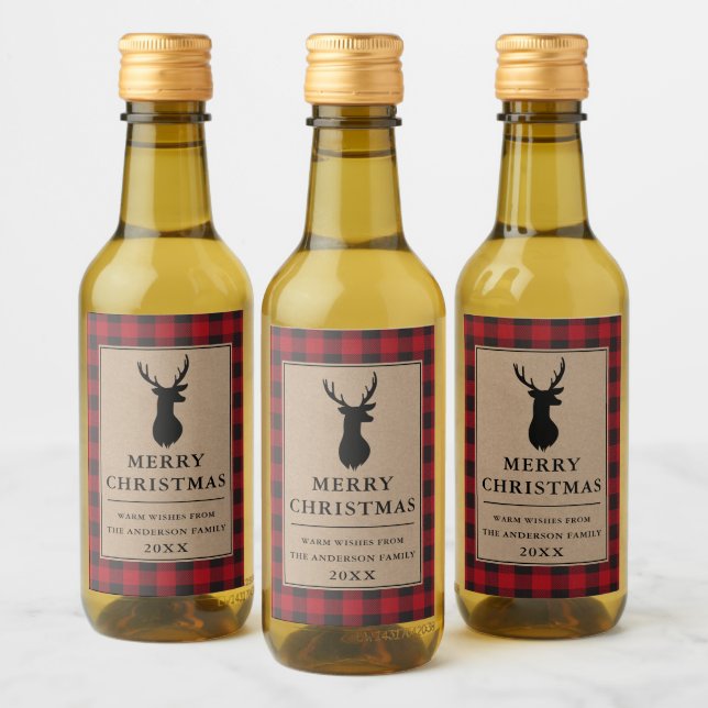 Rustikales Rot Kariert Frohe Weihnachts Kraft Mini Weinetikett (Flaschen)