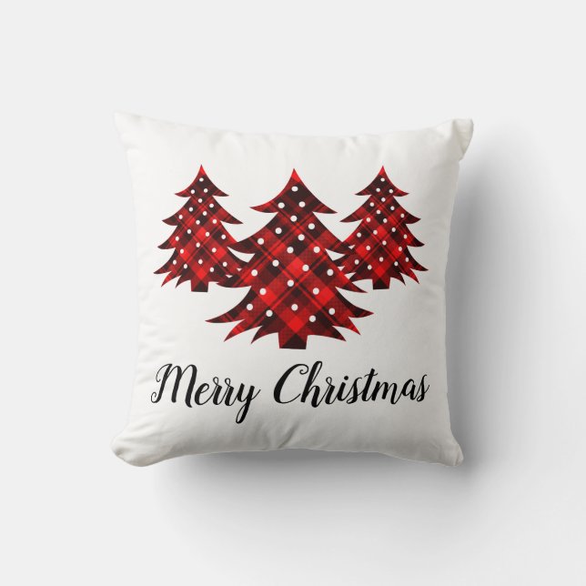 Rustikales Rot Kariert Frohe Weihnachtsbäume Kissen (Vorderseite)