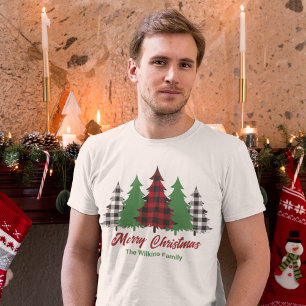 Rustikales Rot Kariert frohe Weihnachtsbaumen Cust T-Shirt