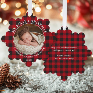 Rustikales Rot Kariert mein erstes WeihnachtsFoto Ornament Karte