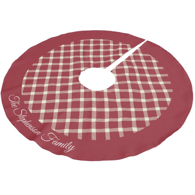 Rustikales Rot Kariert mit Familienname Polyester Weihnachtsbaumdecke (Schrägansicht)