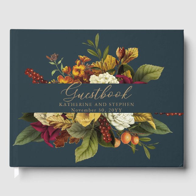Rustikales Rot | Orange Boho Floral Bouquet Weddin Gästebuch (Vorderseite)