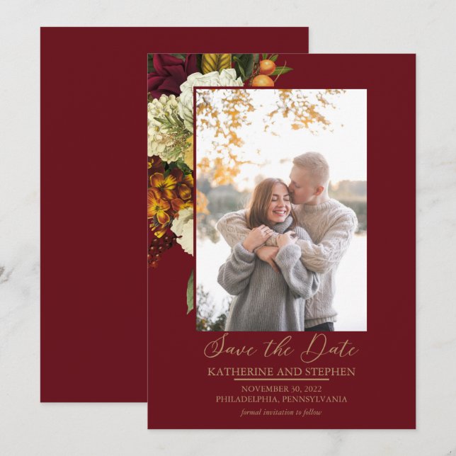 Rustikales Rot | Orange Floral Bouquet Foto Save The Date (Vorne/Hinten)