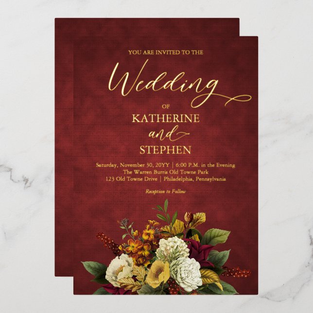 Rustikales Rot | Orange | Gold Floral Bouquet Wedd Folieneinladung (Vorderseite/Rückseite)
