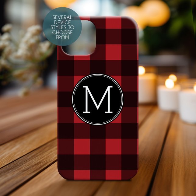 Rustikales Rot-Schwarz-Buffalo-Kariertes Muster Mo iPhone 15 Mini Hülle (Personalized Phone Case with Monogram)