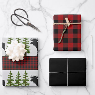 Rustikales Rot-Schwarz-Buffalo-Karo mit Elch Geschenkpapier Set