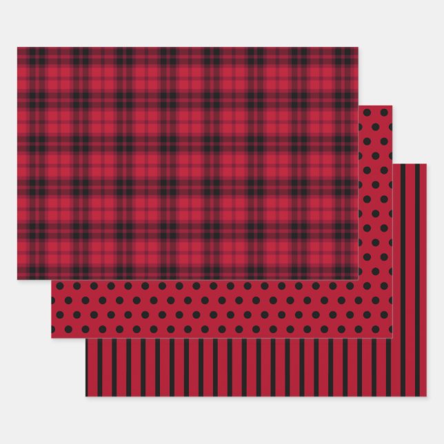 Rustikales Rotes Buffalo Kariert Polka Dots Streif Geschenkpapier Set (Set)