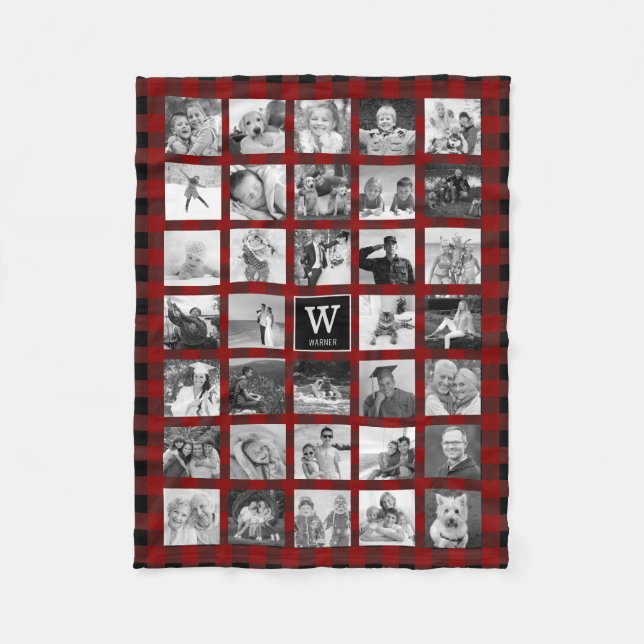 Rustikales Rotes Buffalo Kariertes Monogramm-FotoC Fleecedecke (Vorderseite)