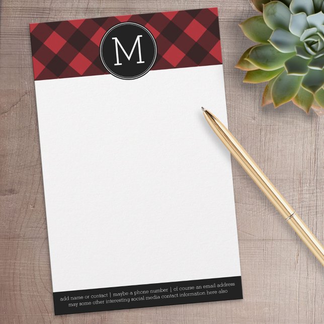 Rustikales rotes Buffalo Kariertes Muster Monogram Briefpapier (Personalized Stationery)