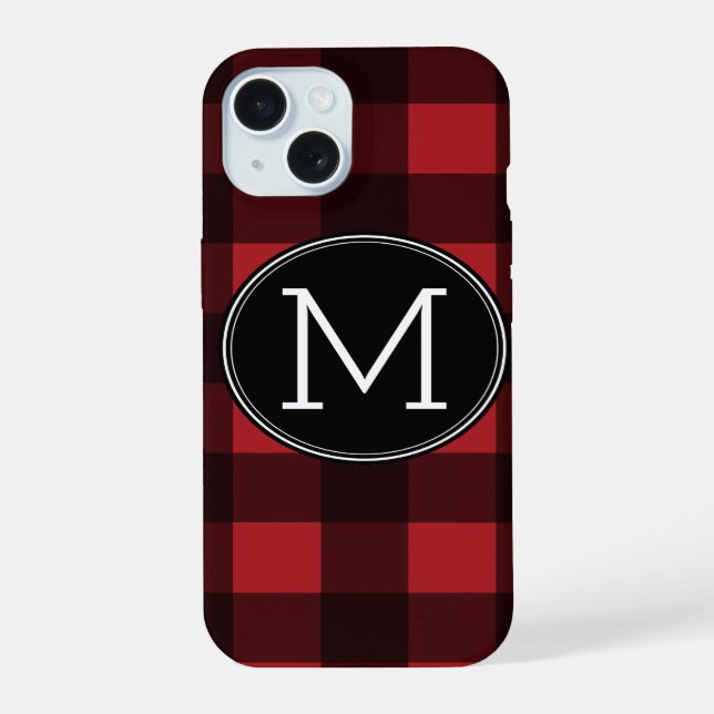 Rustikales rotes Buffalo Kariertes Muster Monogram iPhone 15 Hülle (Rückseite)