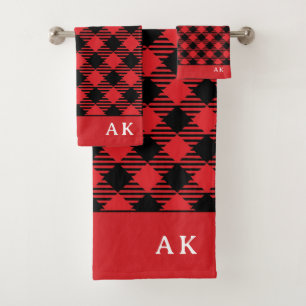Rustikales Rotes Buffalo Karo Monogram Badhandtuch Set