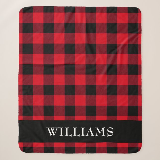 Rustikales Rotes Buffalo-Karo-Monogramm Sherpadecke (Vorderseite)
