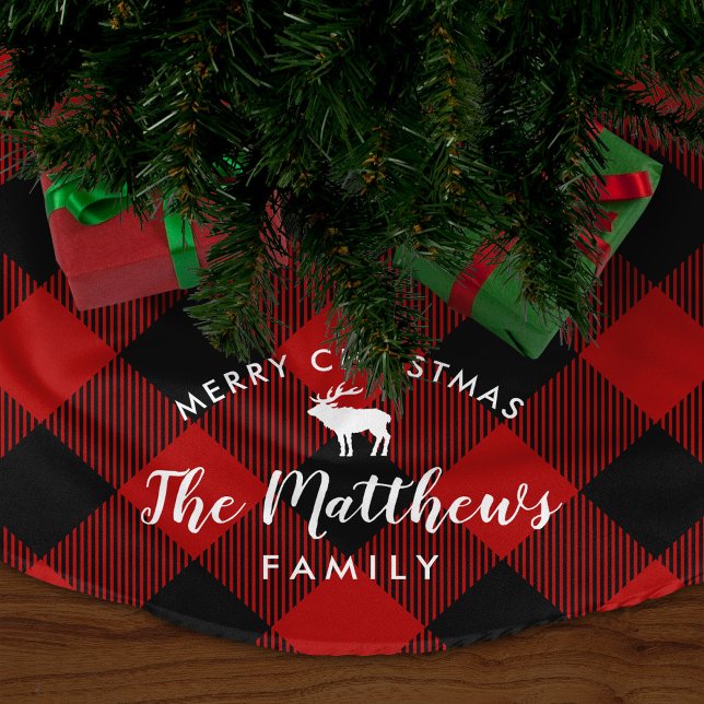 Rustikales Rotes Buffalo Karo Rentier Monogramm Polyester Weihnachtsbaumdecke (Von Creator hochgeladen)