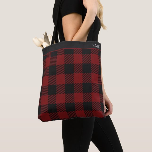 Rustikales rotes Buffalo-Karo-Winter-Monogramm Tasche (Von Nahem)