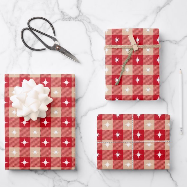 Rustikales rotes Büffel karierte Weihnachtslichter Geschenkpapier Set (Vorderseite)