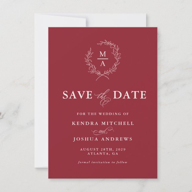Rustikales Rotes einfaches Monogramm Save The Date (Vorderseite)