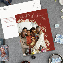 Rustikales Rotes Frohe Weihnachtsfamilie Foto Postkarte