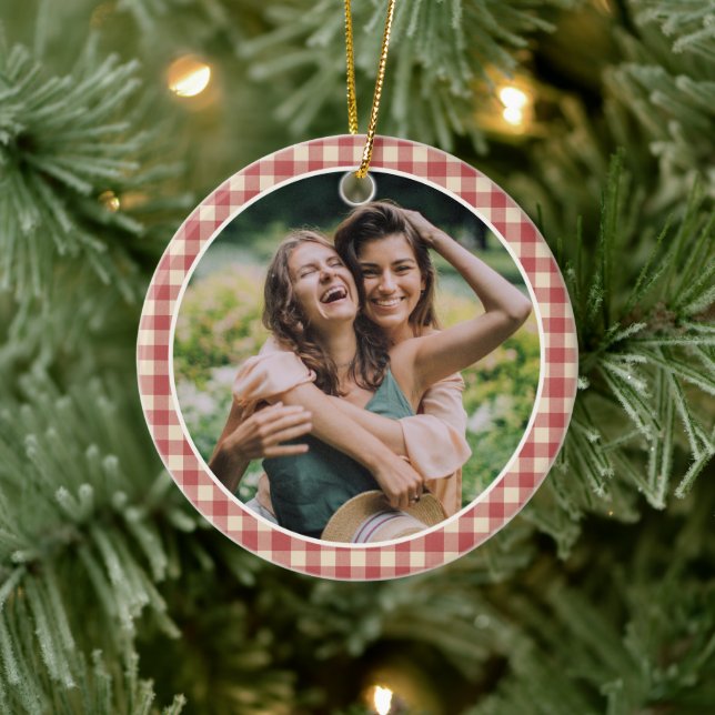 Rustikales Rotes Gingham Foto Modernes Weihnachten Keramik Ornament (Baum)