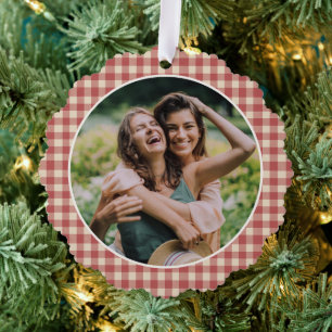 Rustikales Rotes Gingham Foto Modernes Weihnachten Ornament Karte