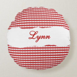 Rustikales rotes Gingham mit personalisiertem Name Rundes Kissen