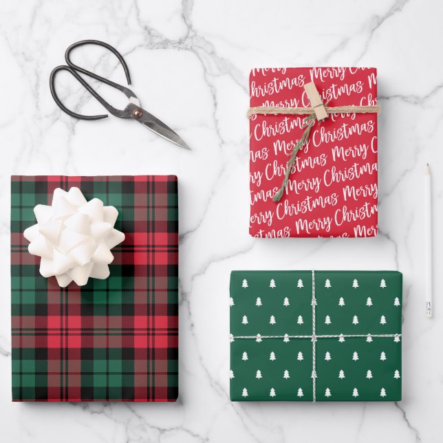 Rustikales Rotes Grün Schwarzes Kariert Frohe Weih Geschenkpapier Set (Vorderseite)