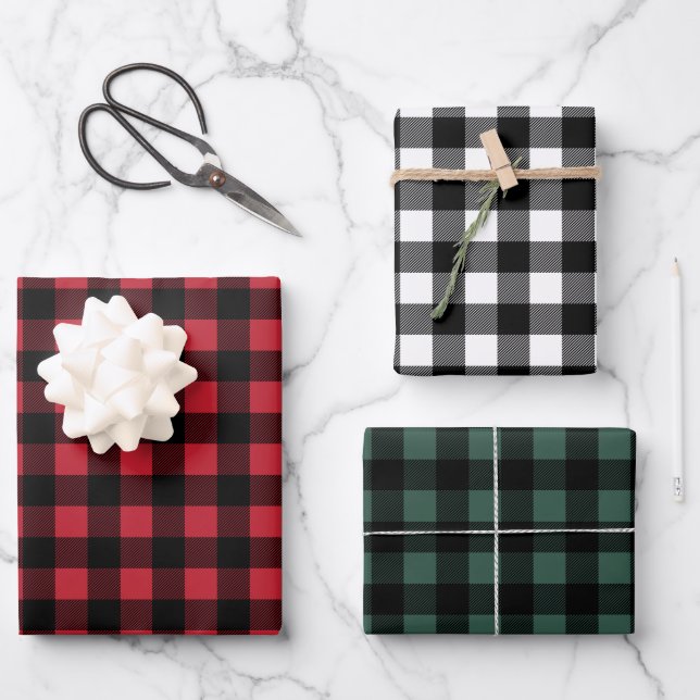 Rustikales Rotes Grün und Schwarzes Buffalo Karier Geschenkpapier Set (Vorderseite)