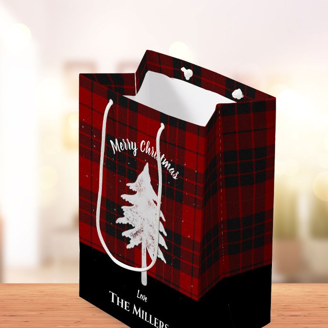 Rustikales Rotes Kariert Add Name Frohe Weihnachts Mittlere Geschenktüte (Rustic Red Plaid Add Name Merry Christmas Favor Medium Gift Bag)