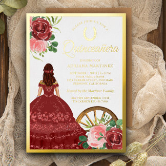 Rustikales Rotes Kleid Charro Quinceanera Gold Folieneinladung